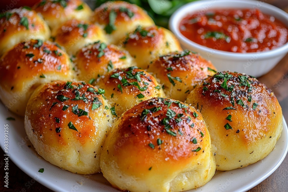 Close-up of golden-brown garlic knots with parsley and salt, on a white plate Close-up of golden-brown garlic knots with parsley and salt, on a white plate