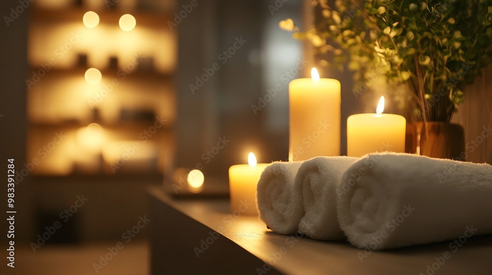 White towels rolled up on wooden table with lit candles in a spa setting. White towels rolled up on wooden table with lit candles in a spa setting.
