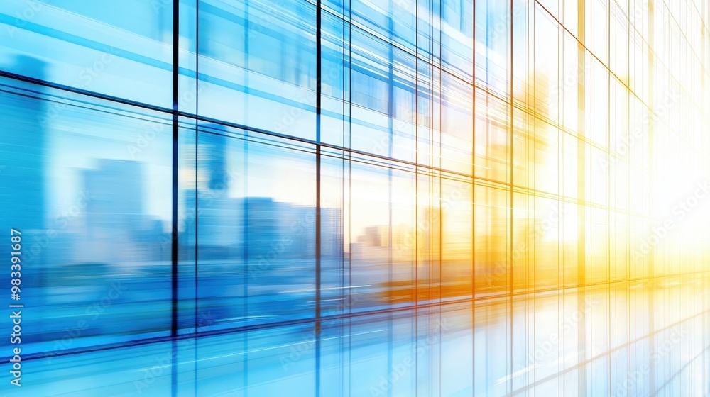 Modern Glass Building Facade with Blurred Cityscape and Sunlight Modern Glass Building Facade with Blurred Cityscape and Sunlight