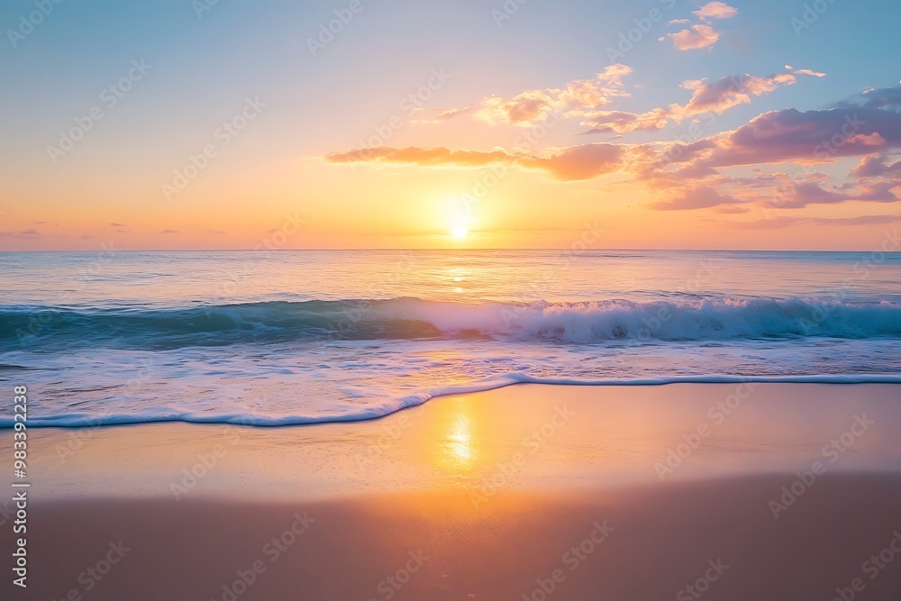 Peaceful Sunset on Ocean Beach with Waves Crashing on Sandy Shore Peaceful Sunset on Ocean Beach with Waves Crashing on Sandy Shore