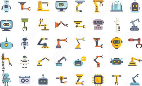 This large set of colorful icons shows robots and robotic arms in various positions, illustrating concepts of artificial intelligence