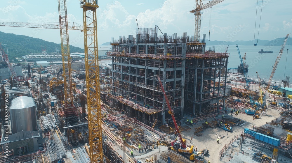 Construction Site Aerial View Cranes Buildings Workers Construction Site Aerial View Cranes Buildings Workers