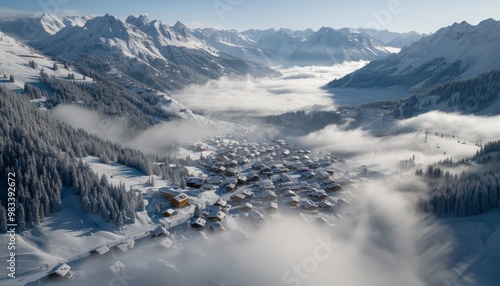 Charming snowy winter village surrounded by frosty trees and quaint snow covered cottages