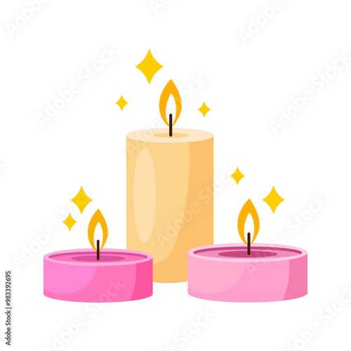 Vector illustration with cozy flaming candles in pink colors with sparkles isolated on white background.	