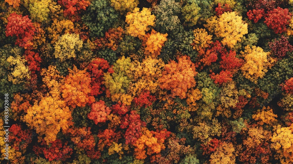 Aerial view of a dense forest in vibrant fall colors.