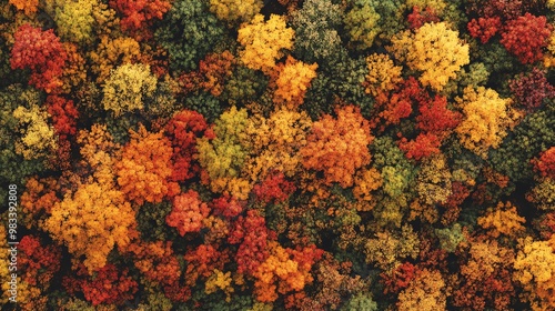 Aerial view of a dense forest in vibrant fall colors.