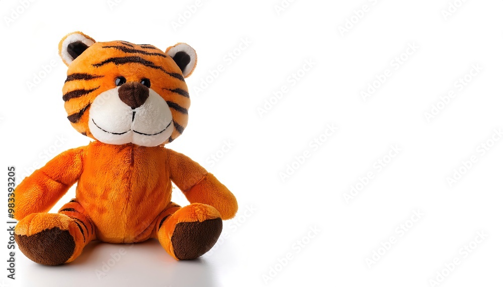 Stuffed animal of striped bengal tiger. cute, adorable, plush, soft, companion friend and night time sleep toy for young boy and girl children. Isolated on white background with copy space Stuffed animal of striped bengal tiger. cute, adorable, plush, soft, companion friend and night time sleep toy for young boy and girl children. Isolated on white background with copy space