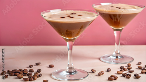 Espresso Martini with Coffee Beans on Pink Background