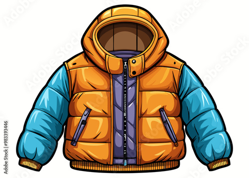 cartoon vector illustration of puffer padded quilted hoodie hooded parka jacket, white isolated background, winter time