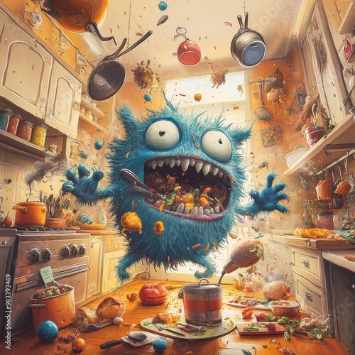 Whimsical Blue Monster Creating Chaos in a Colorful Kitchen