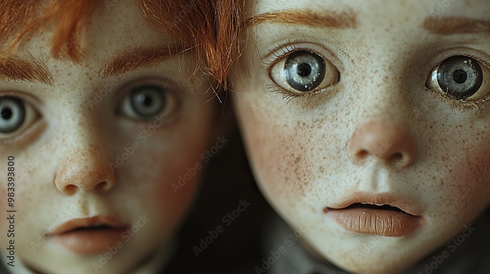 Close-up Portrait of Two Dolls with Freckles and Big Eyes Close-up Portrait of Two Dolls with Freckles and Big Eyes