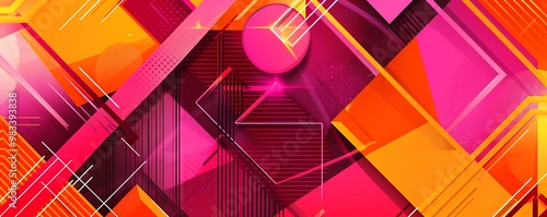 Modern retro background featuring bold neon pink and orange geometric patterns, interplaying with geometric lines for a visually striking digital illustration. photo