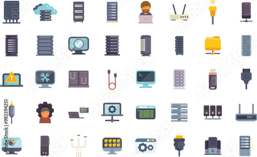 Data center hosting server network connection concept icons set in flat style