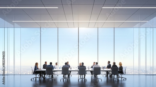 A group of business people meet around a large table in a modern office space with expansive windows overlooking a city skyline.
