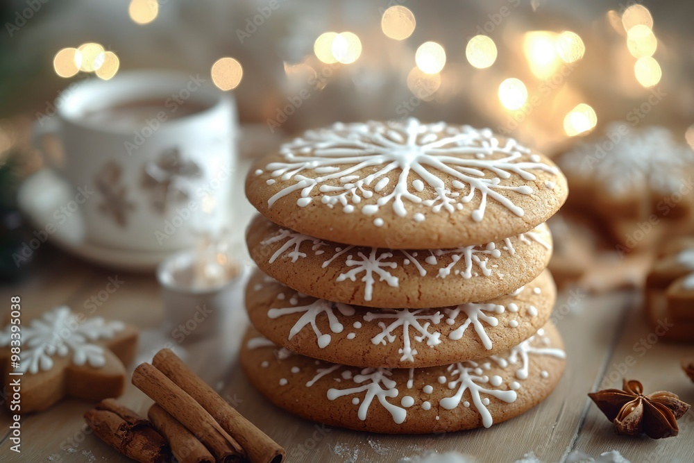 Festive Stack of Gingerbread Cookies with White Frosting and Snowflake Designs Festive Stack of Gingerbread Cookies with White Frosting and Snowflake Designs