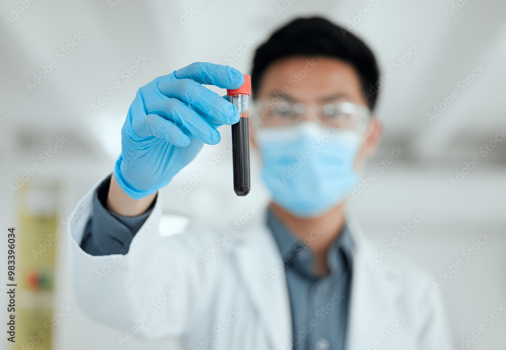 Scientist, blood test or hand of man in lab for medical breakthrough, clinical trial or discovery. DNA, science biology or mask for vaccine research with vial for mpox cure or disease development Scientist, blood test or hand of man in lab for medical breakthrough, clinical trial or discovery. DNA, science biology or mask for vaccine research with vial for mpox cure or disease development
