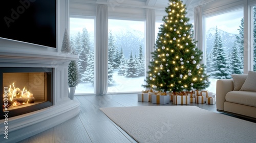 A living room with a fireplace and christmas tree in front of it, AI