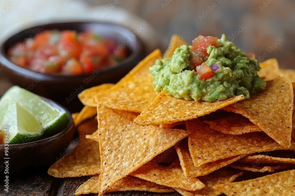 Guacamole and Tortilla Chips with Lime and Salsa Guacamole and Tortilla Chips with Lime and Salsa