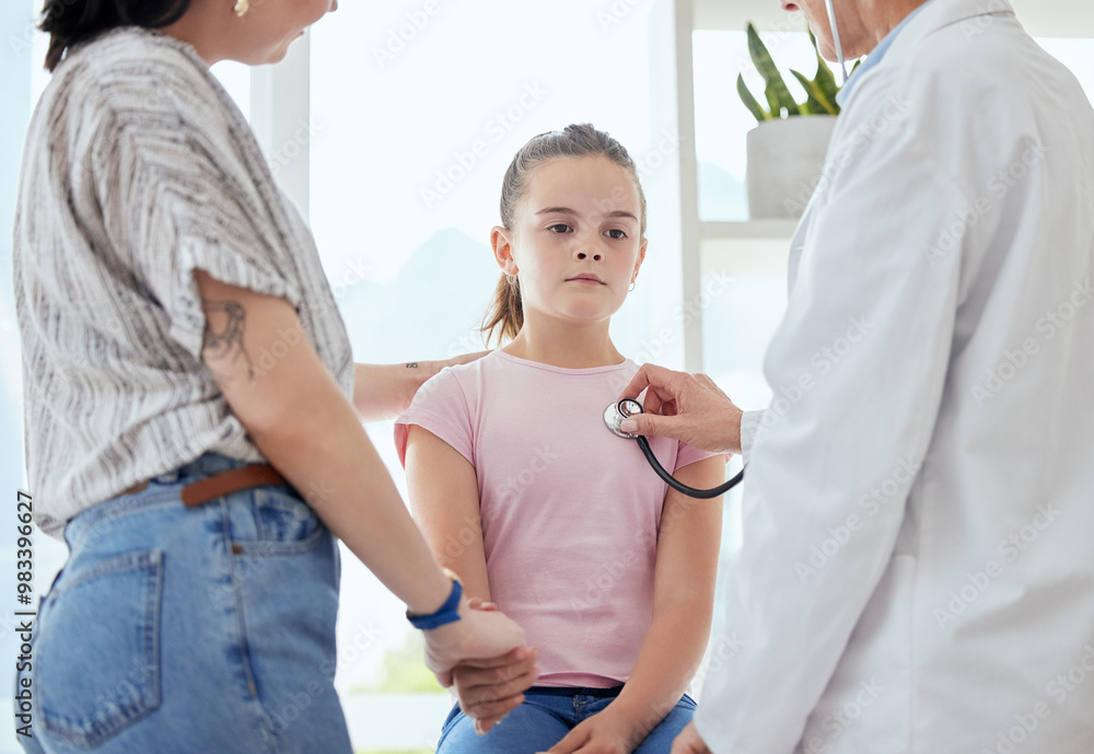 Little girl, doctor and mother with heart beat for checkup, appointment or visit together at hospital. Mom, child and healthcare cardiologist with stethoscope for exam, test or diagnosis at clinic Little girl, doctor and mother with heart beat for checkup, appointment or visit together at hospital. Mom, child and healthcare cardiologist with stethoscope for exam, test or diagnosis at clinic