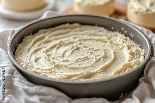 A Close-Up of a Circular Cake Base with White Frosting in a Metal Pan photo