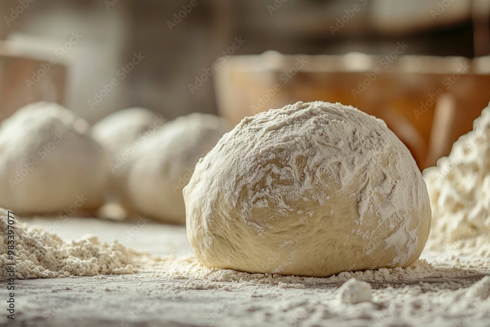 A Close-Up of a Dough Ball Covered in Flour on a Wooden Surface A Close-Up of a Dough Ball Covered in Flour on a Wooden Surface