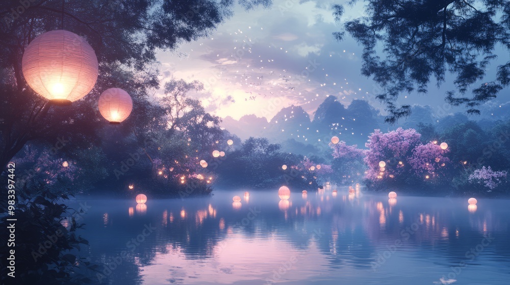 Tranquil Evening by the Water with Lanterns Tranquil Evening by the Water with Lanterns