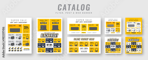 Supermarket product sale catalog flyer with social media post set, Grocery store web banner ads, Advertising square banner & catalogue flyer bundle