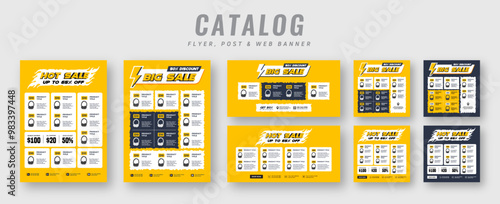 Supermarket product sale catalog flyer with social media post set, Promotion web banner ads, Christmas square banner & catalogue flyer bundle