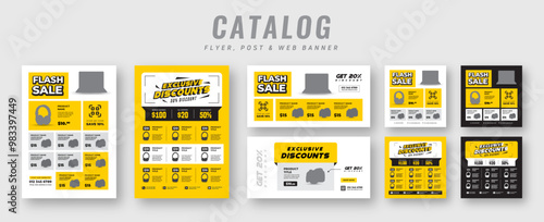 Supermarket product sale catalog flyer with social media post set, Promotion web banner ads, Advertising square banner & catalogue flyer bundle