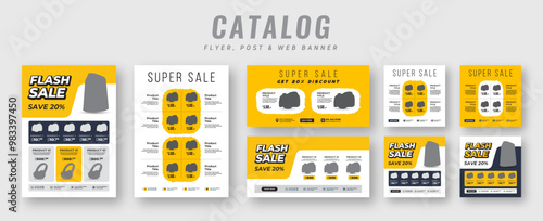 Supermarket product sale catalog flyer with social media post set, Promotion web banner ads, Advertising square banner & catalogue flyer bundle