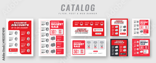 Supermarket product sale catalog flyer set with social media post bundle, Web banner ads, Poster & billboard set for promotion, Advertising square banner & catalog flyer