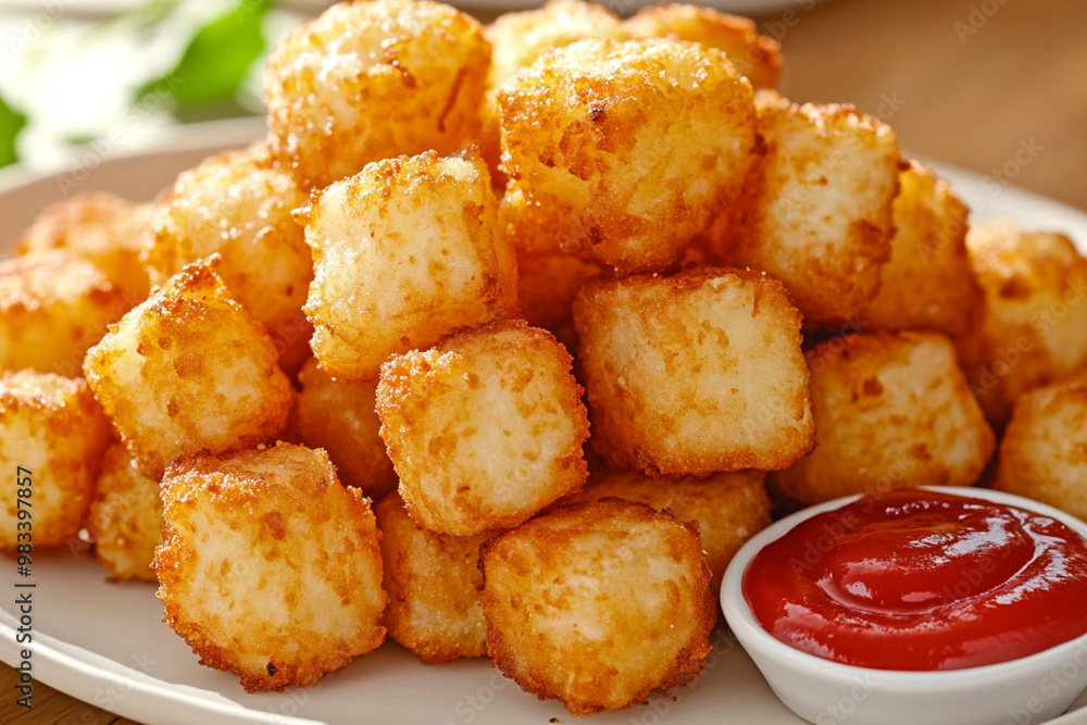 A pile of crispy tater tots, perfectly golden and crunchy A pile of crispy tater tots, perfectly golden and crunchy