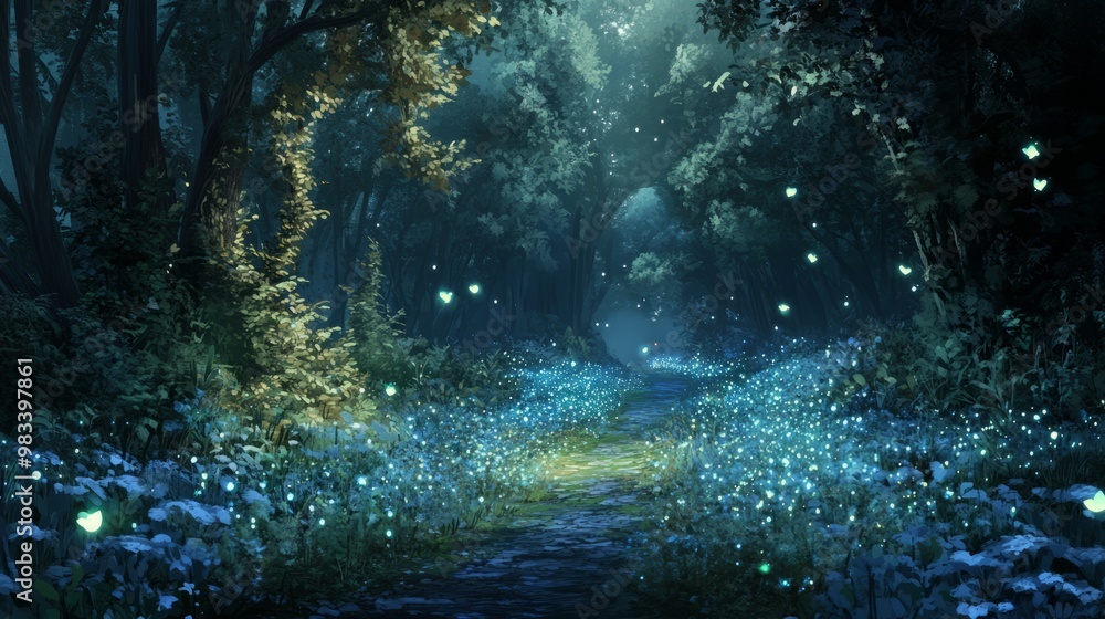 Obraz premium Enchanted Forest Pathway with Glowing Lights