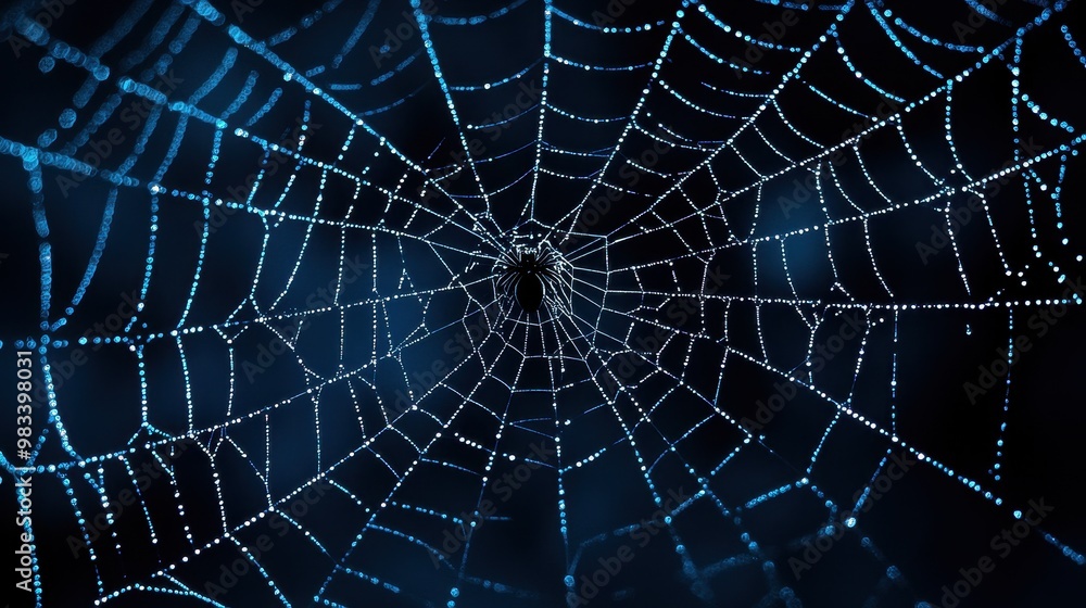 Fototapeta premium Spiderweb with Dewdrops on a Dark Background
