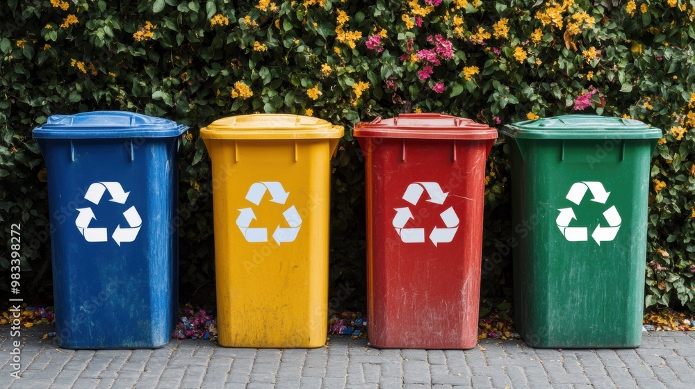 Four colorful recycling bins with recycle symbols against a floral background Four colorful recycling bins with recycle symbols against a floral background