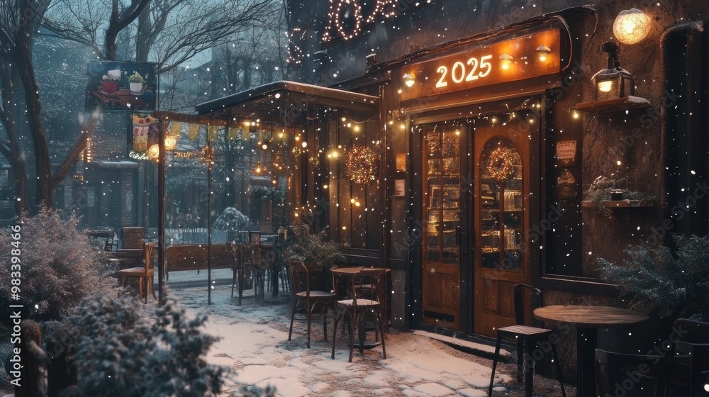 Festive cafe exterior decorated with lights and '2025' sign during a snowy evening Festive cafe exterior decorated with lights and '2025' sign during a snowy evening