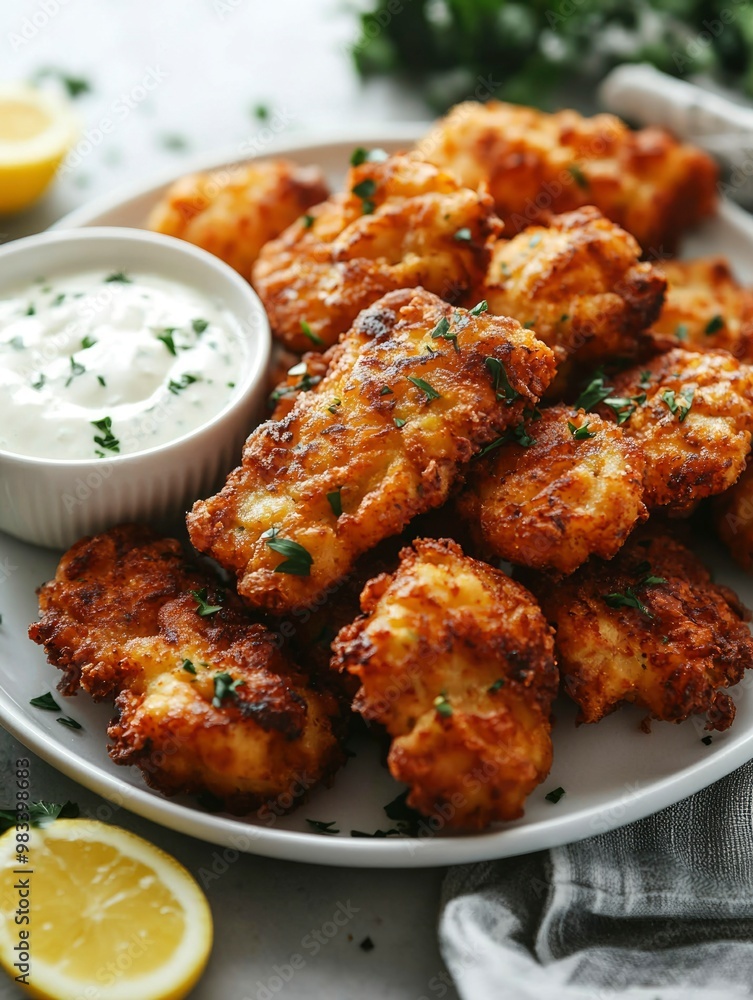 Close-up of Crispy Fried Fish Bites with Creamy Dip and Lemon Wedge Close-up of Crispy Fried Fish Bites with Creamy Dip and Lemon Wedge