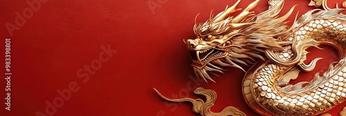 Wallpaper Mural golden dragon, year of the dragon, solid red background, copy space  Torontodigital.ca