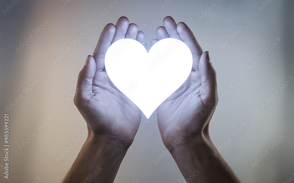 Fototapeta premium Two hands cupping a glowing white heart shape. Generative-Ai