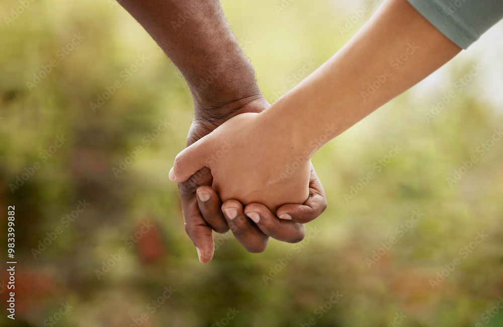 Outside, couple and holding hands in unity with love for support, care and bonding. People, relationship and back in outdoor in trust for solidarity, respect and comfort as lovers together in closeup Outside, couple and holding hands in unity with love for support, care and bonding. People, relationship and back in outdoor in trust for solidarity, respect and comfort as lovers together in closeup
