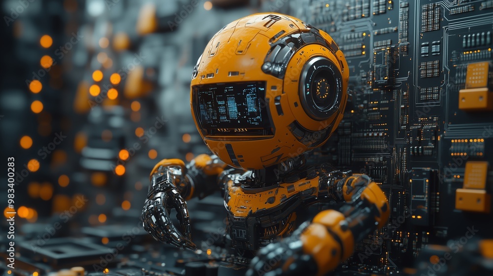 A close-up view of an advanced, orange-hued robotic figure working meticulously on a circuit board. A close-up view of an advanced, orange-hued robotic figure working meticulously on a circuit board.