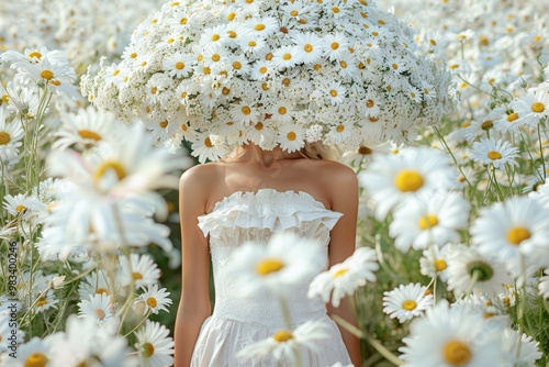 Woman in White Dress with Chamomile Flower Crown in Blooming Meadow, Summer Beauty Portrait photo