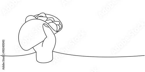 Hand holding Mexican beef taco one line continuous drawing. Traditional Mexican street fast food. Vector linear illustration.