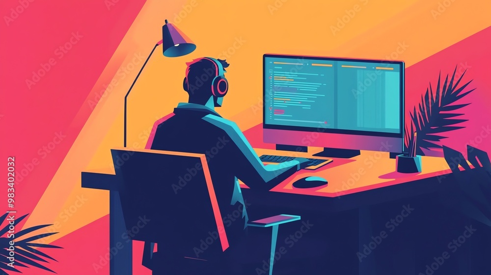 A man sits at a computer, working in a modern home office. A man sits at a computer, working in a modern home office.