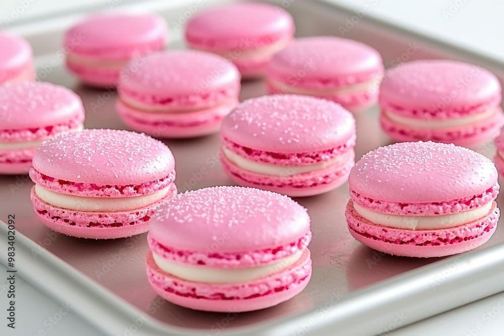 Pink Macarons with White Filling on a Silver Baking Sheet Pink Macarons with White Filling on a Silver Baking Sheet