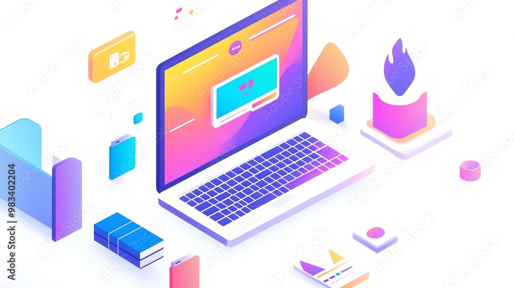 Isometric illustration of a laptop computer with various digital elements and icons. Isometric illustration of a laptop computer with various digital elements and icons.