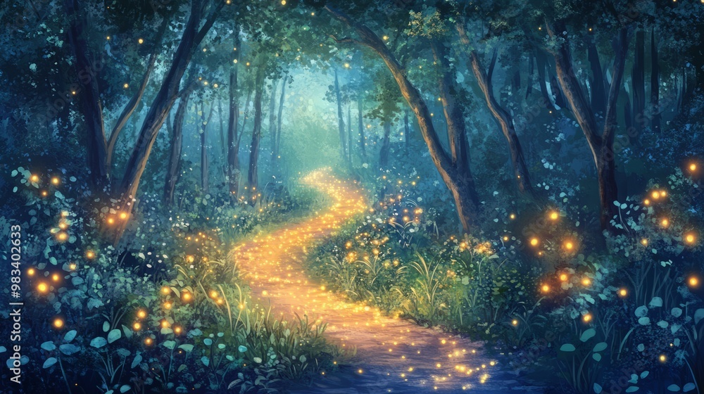 Fototapeta premium Enchanted Forest Path with Glowing Lights