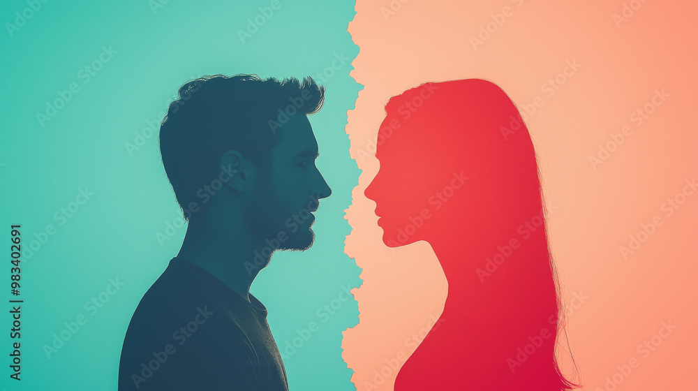 Silhouettes of a man and woman facing each other, separated by a line. Silhouettes of a man and woman facing each other, separated by a line.
