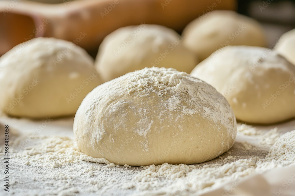 Close-up of a Dough Ball Covered in Flour on a Countertop Close-up of a Dough Ball Covered in Flour on a Countertop