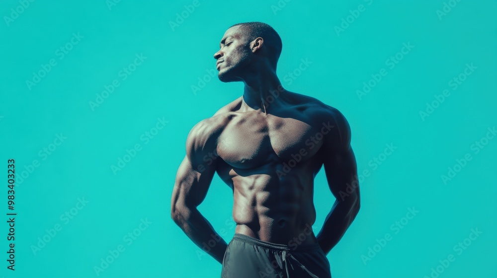 Muscular man posing with dramatic lighting on a blue background Muscular man posing with dramatic lighting on a blue background